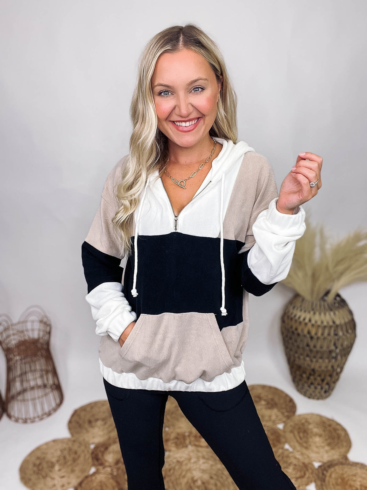 Hem & Thread Soft Fleece Neutral Colorblock (Black, Taupe, White) Half Zip-Up Pullover Hoodie Elastic Banded Bottom Hem and Wrists Hood with Drawstring Front Pocket 94% Polyester, 4% Spandex
