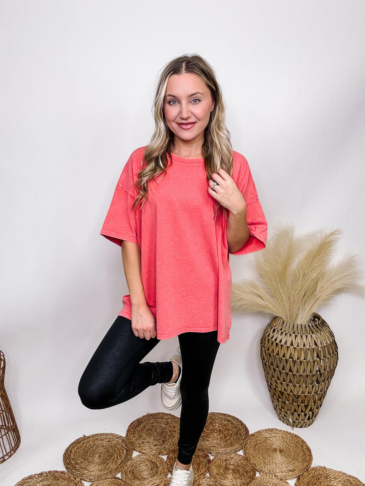 Hyfve Washed Coral Watermelon Short Sleeve T-Shirt Loose Oversized Fit Crew Neck 100% Cotton