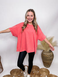 Hyfve Washed Coral Watermelon Short Sleeve T-Shirt Loose Oversized Fit Crew Neck 100% Cotton