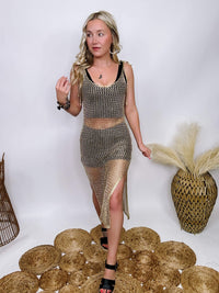Hyfve Gold Metallic Sheer Fishnet Cover Up Dress with Tie Straps