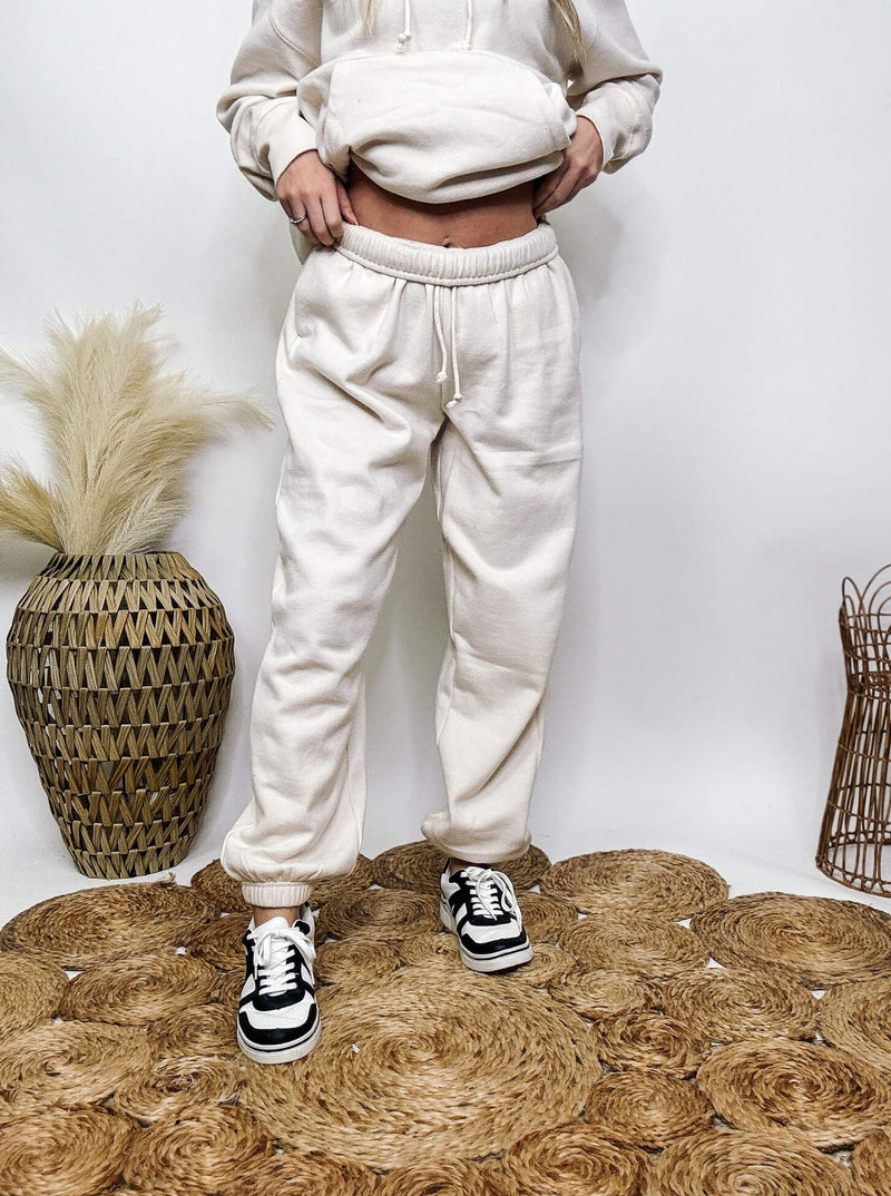 Hyfve Cream Fleece Lined Jogger Pants Elastic Stretchy Drawstring Waist Elastic Stretchy Ankle Cuffs Oversized Baggy Fit 80% Cotton, 20% Polyester
