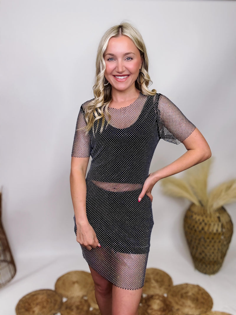 Rhinestone Embellished Sheer Fishnet Cover Up T-Shirt Dress | Bmaes Boutique Rhinestone Embellished Sheer Fishnet Cover Up T-Shirt Dress | Bmaes Boutique