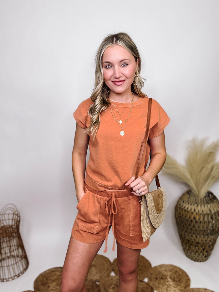 Sunset Clay Comfy Matching Short and Tee Set Elastic Stretchy Waistband Faux Drawstring Pockets 100% Cotton **Each item is unique due to the wash