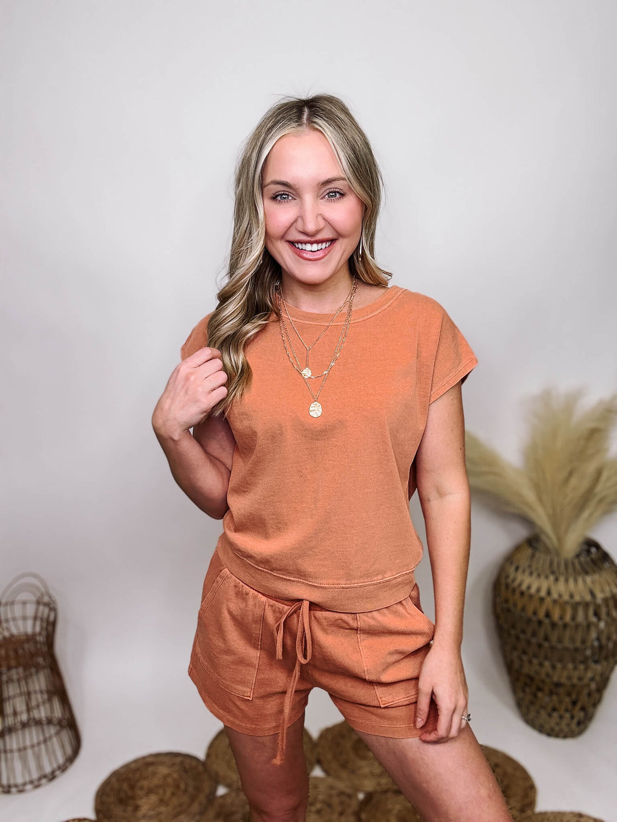 Sunset Clay Comfy Matching Short and Tee Set Elastic Stretchy Waistband Faux Drawstring Pockets 100% Cotton **Each item is unique due to the wash