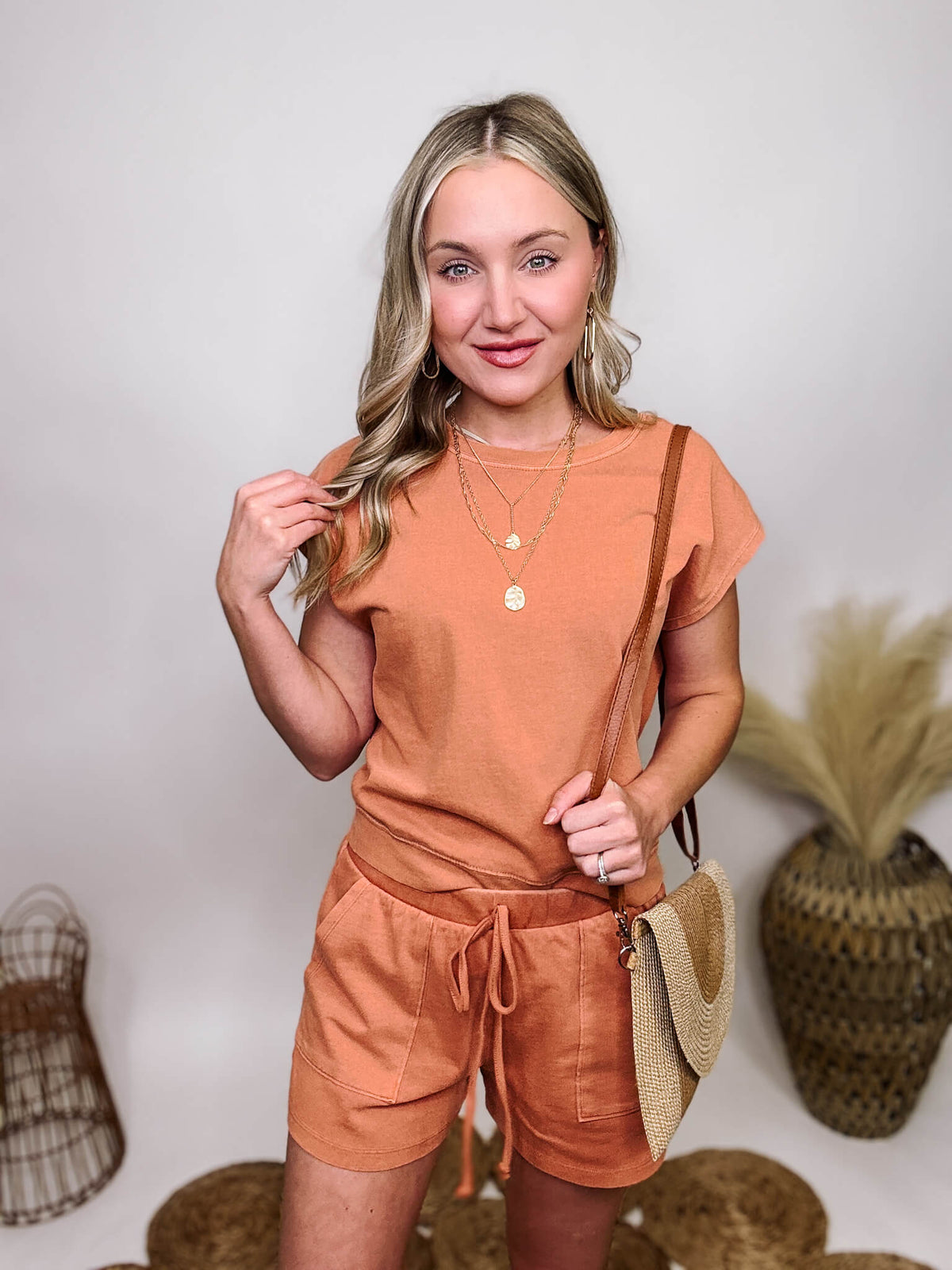 Sunset Clay Comfy Matching Short and Tee Set Elastic Stretchy Waistband Faux Drawstring Pockets 100% Cotton **Each item is unique due to the washSunset Clay Comfy Matching Short and Tee Set Elastic Stretchy Waistband Faux Drawstring Pockets 100% Cotton **Each item is unique due to the wash