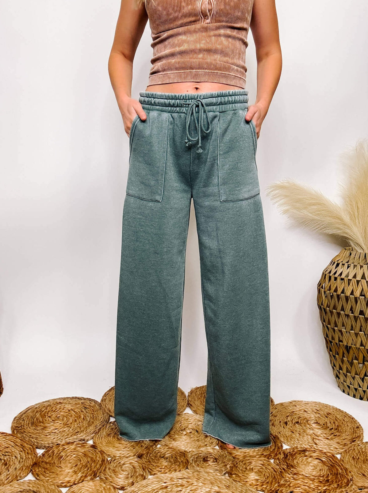 Hyfve Washed Grey Sage Green Wide Leg Pants Elastic Drawstring Waistband Side Pockets Fleece Lined Relaxed Loose Fit 51% Cotton, 49% Polyester