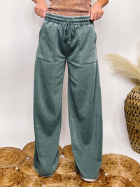 Hyfve Washed Grey Sage Green Wide Leg Pants Elastic Drawstring Waistband Side Pockets Fleece Lined Relaxed Loose Fit 51% Cotton, 49% Polyester