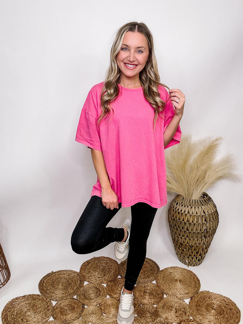 Hyfve Washed Pink Raspberry Short Sleeve T-Shirt Loose Oversized Fit Crew Neck 100% Cotton