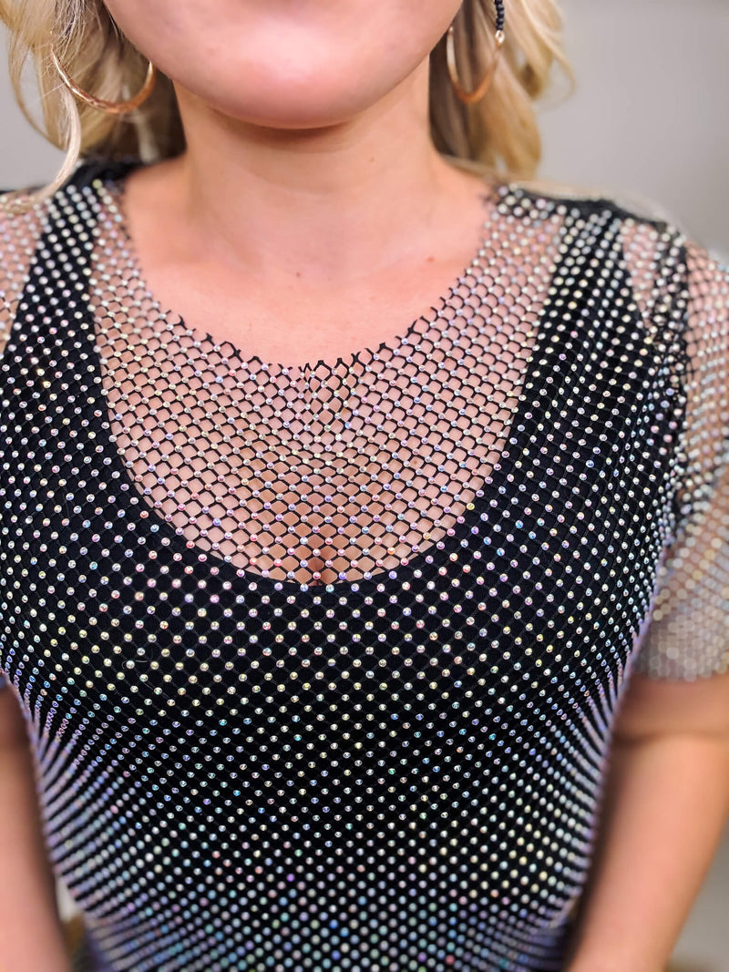 Rhinestone Embellished Sheer Fishnet Cover Up T-Shirt Dress