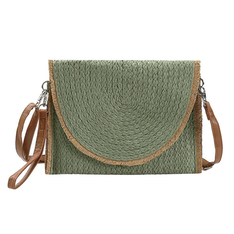 Frayed Hem Straw Crossbody Clutch Bag in Olive Magnetic Closure Removable Wristlet & Cross Body Straps Body Approximately 11"W X 8.5" T Strap Drop 14-26" L