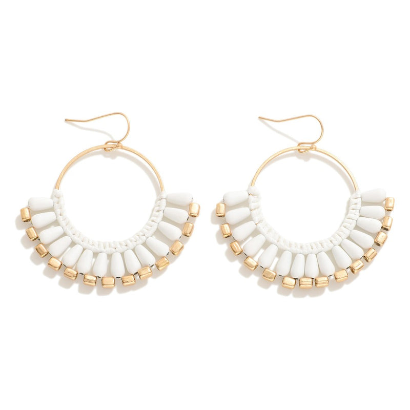White Matte Coated Bead and Raffia Wrapped Wire Hoop Drop Earrings Approximately 2" in Length
