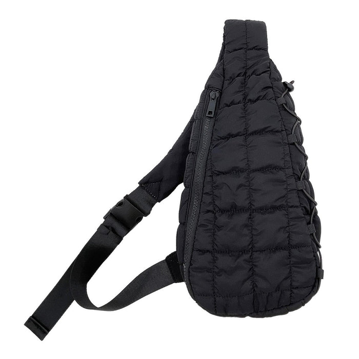 Black Quilted Puffer Sling Bag With Adjustable Cross Body Strap & Drawstring Detail