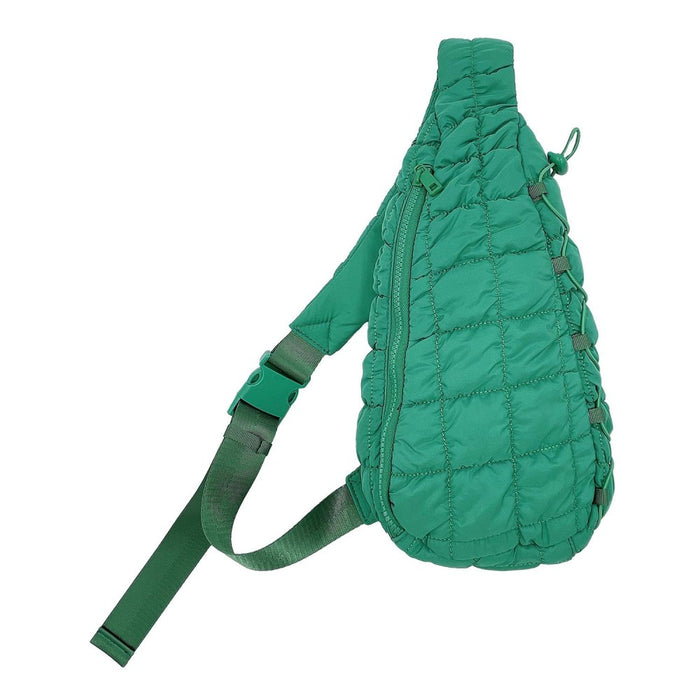 Green Quilted Puffer Sling Bag With Adjustable Cross Body Strap & Drawstring Detail