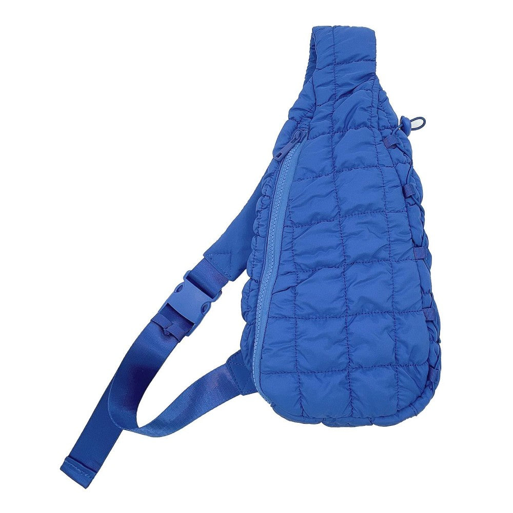Blue Quilted Puffer Sling Bag With Adjustable Cross Body Strap & Drawstring Detail