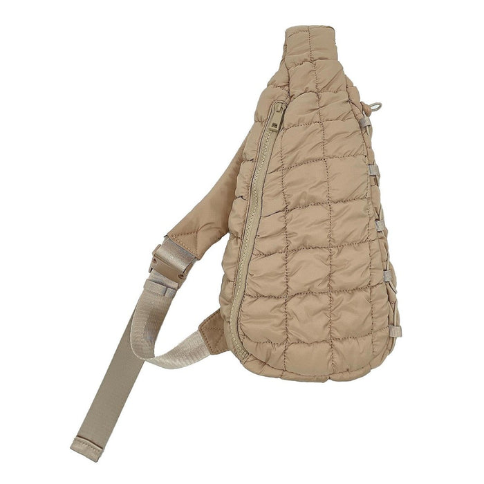 Tan Quilted Puffer Sling Bag With Adjustable Cross Body Strap & Drawstring Detail