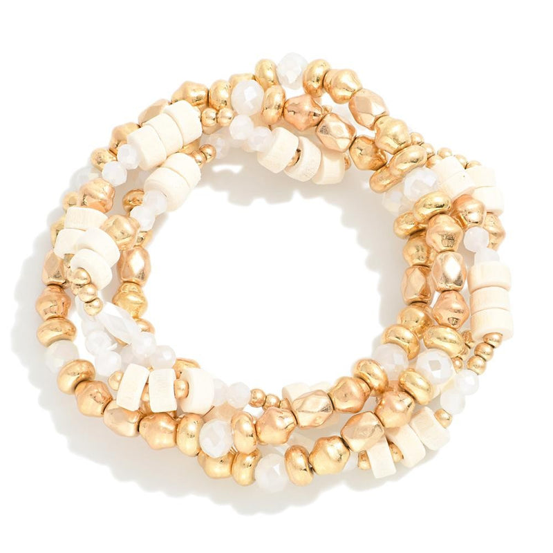 White and Gold Set of Four Dainty Beaded Stretch Bracelets