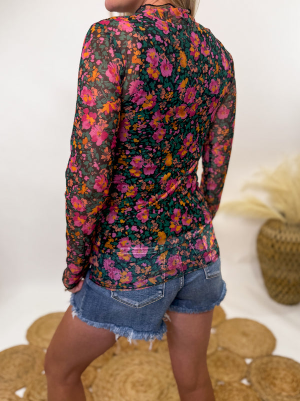 Black Floral Mesh Long Sleeve Top