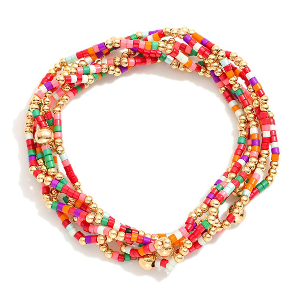 Set of Six Red Multi Color Beaded Stretch Bracelets With Gold Tone Bead Accents