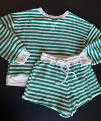 Kelly Green Striped Two Piece Lounge Set – Pullover & Drawstring Shorts
