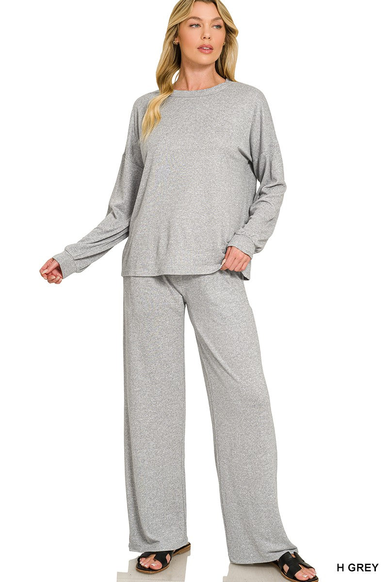 Heather Grey Soft Hacci Wide Leg Lounge Set