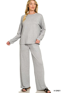 Heather Grey Soft Hacci Wide Leg Lounge Set