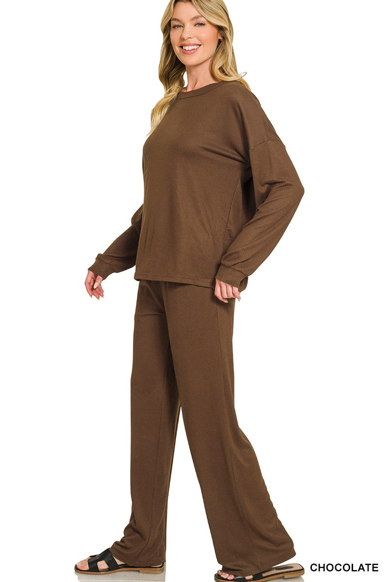 Chocolate Brown Soft Hacci Wide Leg Matching Set