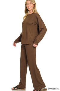 Chocolate Brown Soft Hacci Wide Leg Matching Set