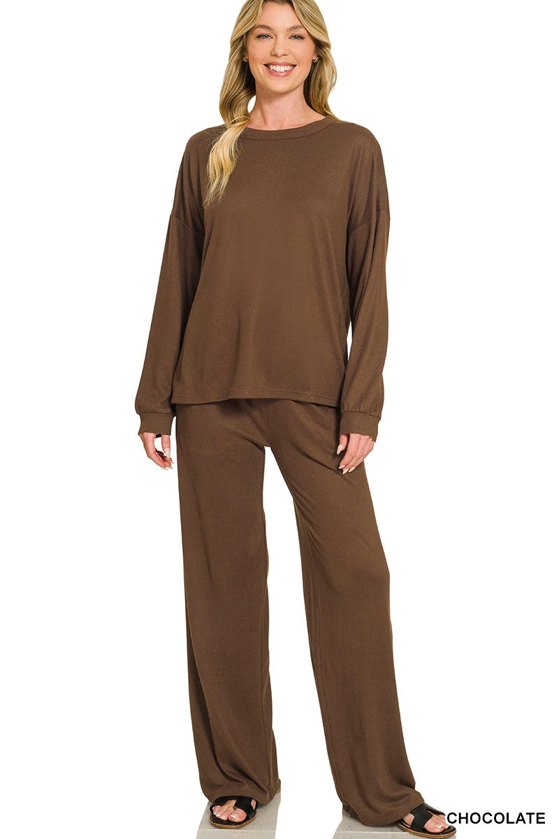 Chocolate Brown Soft Hacci Wide Leg Matching Set