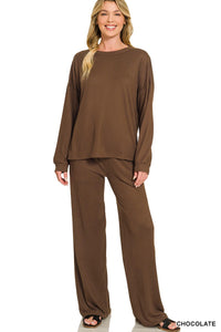 Chocolate Brown Soft Hacci Wide Leg Matching Set