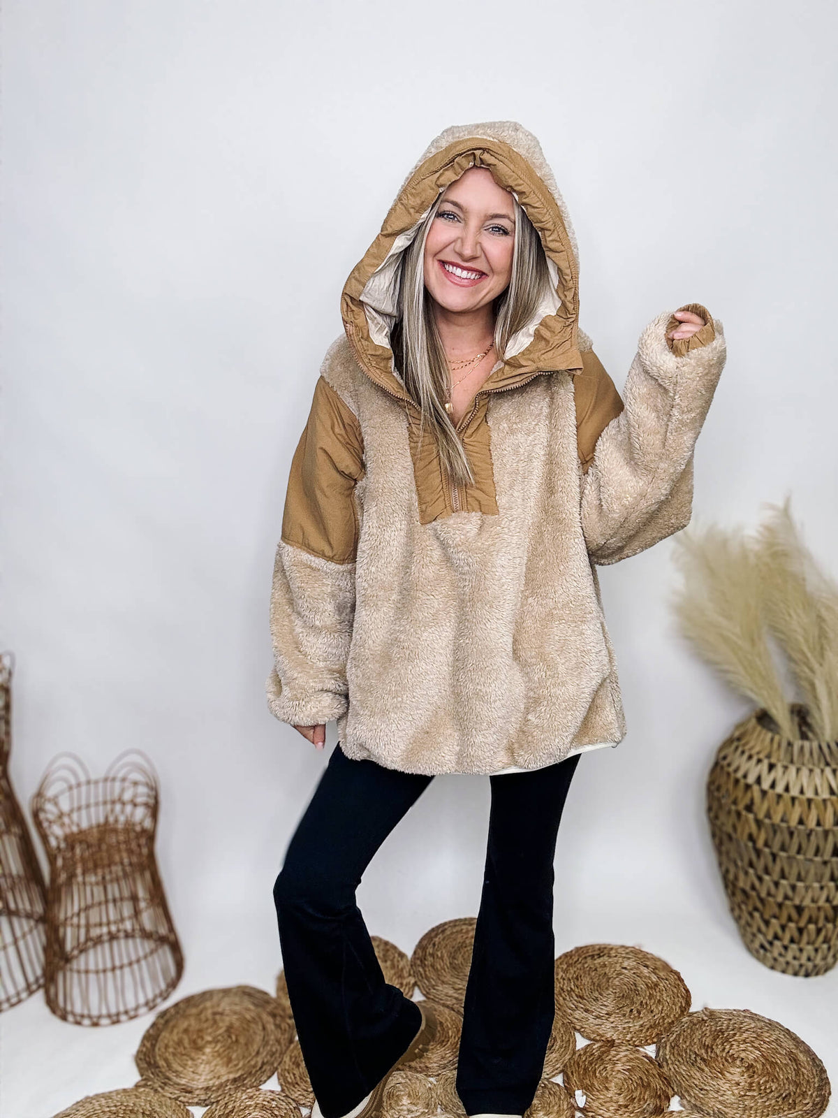 In Loom Beige Sherpa and Camel Snuggly Soft Plush Sherpa 1/4 Zipper Hoodie Pullover Kangaroo Pocket Nylon Contrast Accents Oversized Fit 100% Polyester