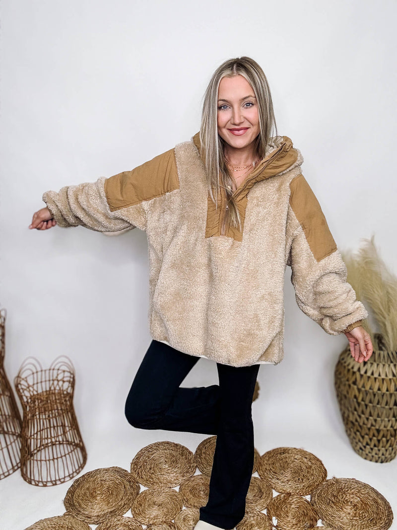In Loom Beige Sherpa and Camel Snuggly Soft Plush Sherpa 1/4 Zipper Hoodie Pullover Kangaroo Pocket Nylon Contrast Accents Oversized Fit 100% Polyester