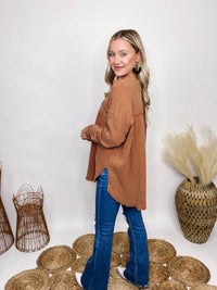 In Loom Camel Mineral Washed Cotton Gauze Long Sleeve Three Front Buttons on V-Neckline Double Chest Pockets Split Side Hem Oversized Flowy Fit 97% Cotton, 3% Spandex