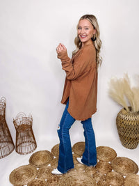 In Loom Camel Mineral Washed Cotton Gauze Long Sleeve Three Front Buttons on V-Neckline Double Chest Pockets Split Side Hem Oversized Flowy Fit 97% Cotton, 3% Spandex
