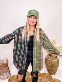 In Loom Two Tone Washed Green Mixed Plaid Long Sleeve Flannel Button Up Front Buttons on Cuffs Oversized Fit 97% Cotton, 3% Spandex Brooke is 5'4 wearing size small.