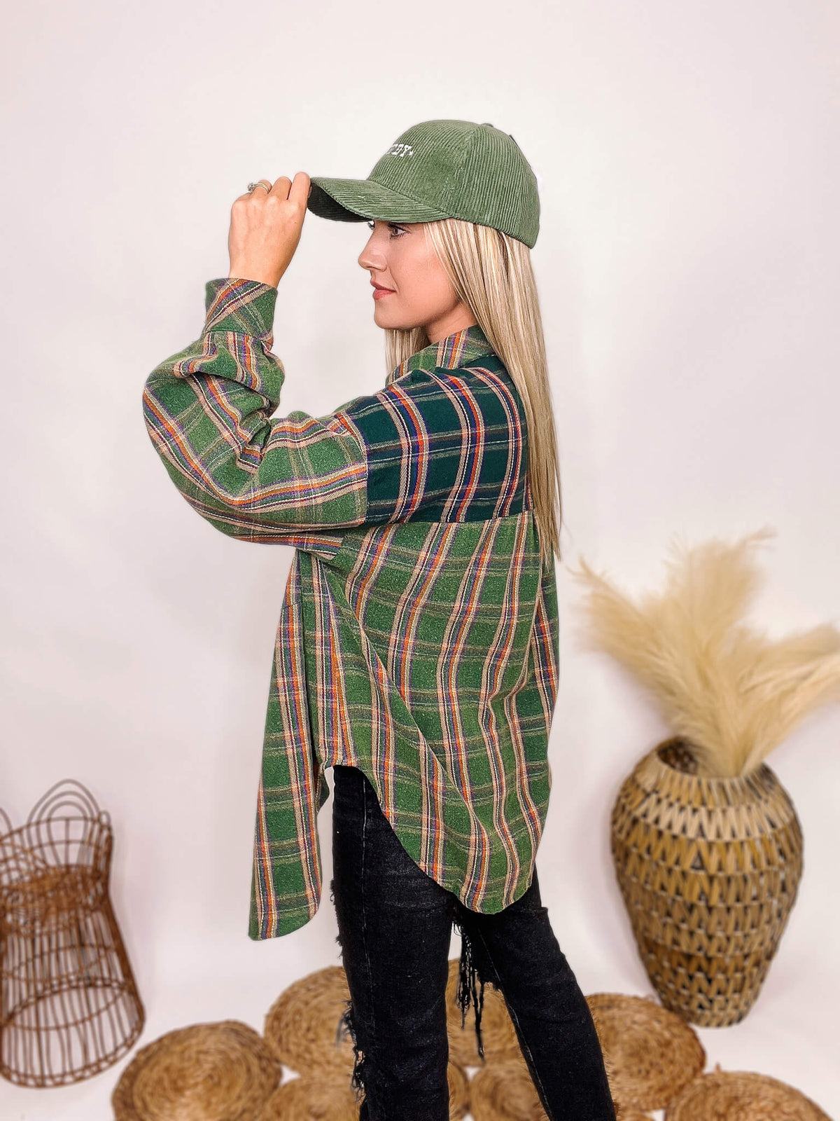 In Loom Two Tone Washed Green Mixed Plaid Long Sleeve Flannel Button Up Front Buttons on Cuffs Oversized Fit 97% Cotton, 3% Spandex Brooke is 5'4 wearing size small.