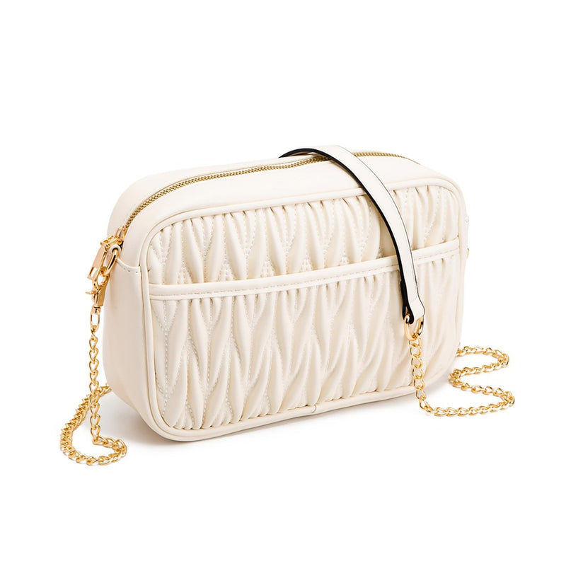 Ivory Vegan Leather Crossbody Bag with Gold Tone Chain Strap