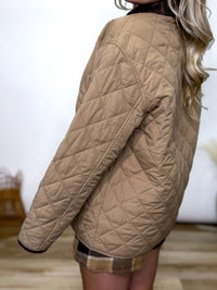 Khaki Lightweight Quilted Puffer Jacket with Dark Brown Collar