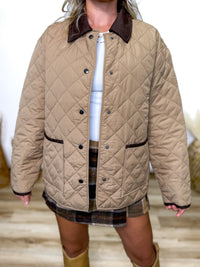 Khaki Lightweight Quilted Puffer Jacket with Dark Brown Collar