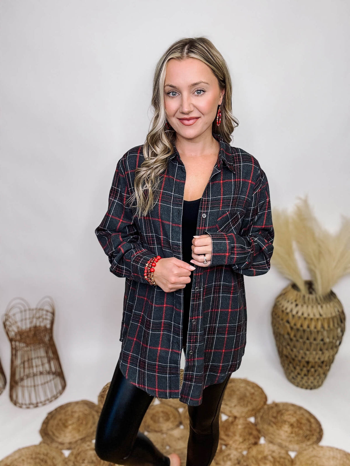 La Miel Charcoal, Red, Black Plaid Flannel Button Down Front Chest Pocket Roll-up Button Cuffs Oversized Fit 65% Polyester, 35% Cotton