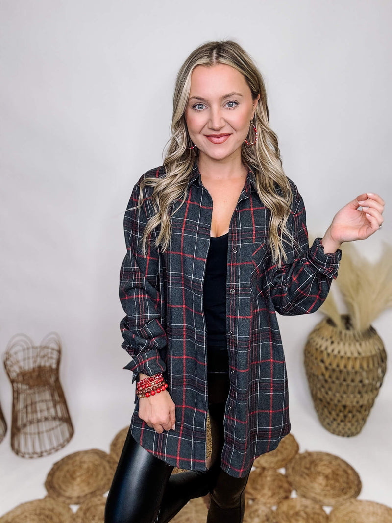 La Miel Charcoal, Red, Black Plaid Flannel Button Down Front Chest Pocket Roll-up Button Cuffs Oversized Fit 65% Polyester, 35% Cotton