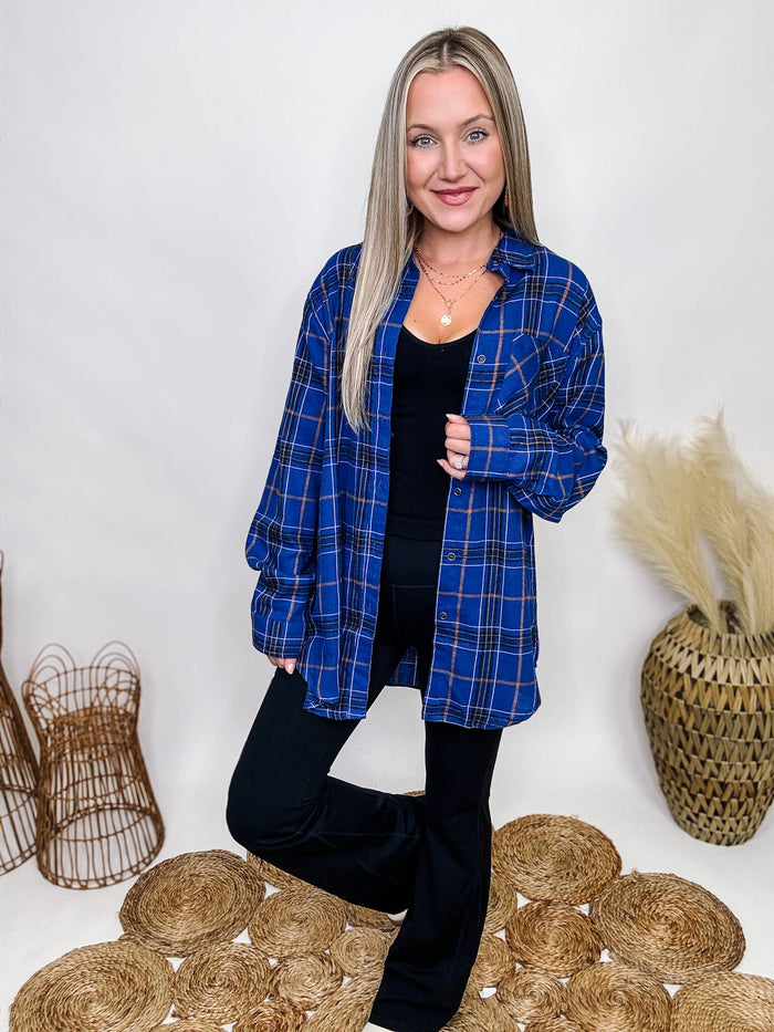 Oversized Blue, Tan and Black Plaid Mix Flannel