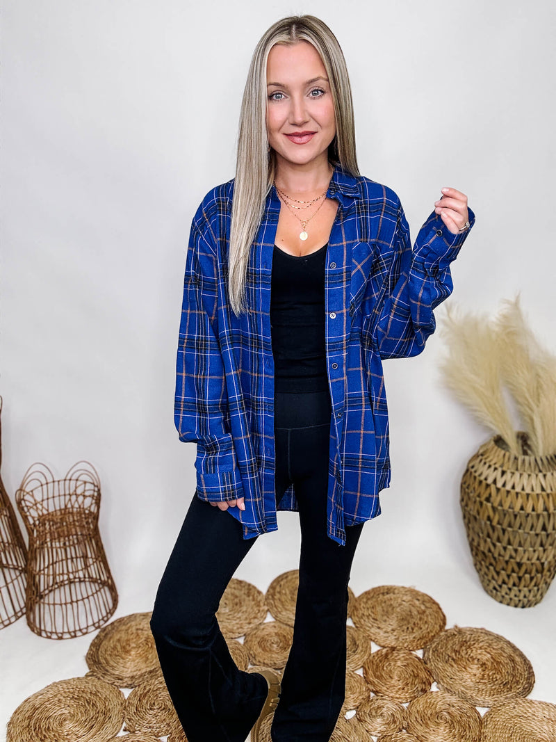 Oversized Blue, Tan and Black Plaid Mix Flannel