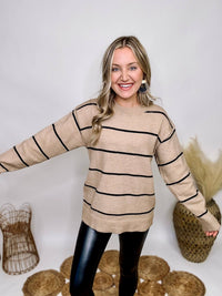 La Miel Tan with Black Thin Stripes Long Sleeve Lightweight Sweater Ribbed Details Soft and Stretchy Relaxed Loose Fit 65% Acrylic, 20% Nylon, 15% Polyester