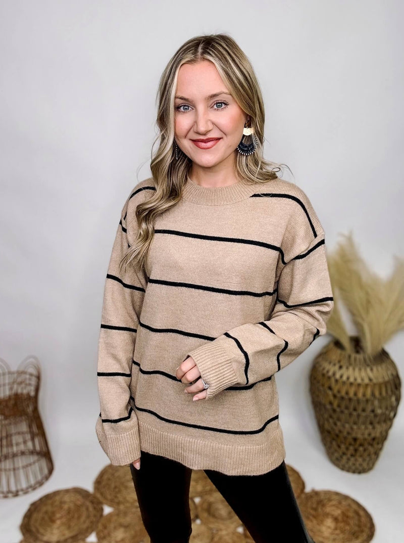 La Miel Tan with Black Thin Stripes Long Sleeve Lightweight Sweater Ribbed Details Soft and Stretchy Relaxed Loose Fit 65% Acrylic, 20% Nylon, 15% Polyester
