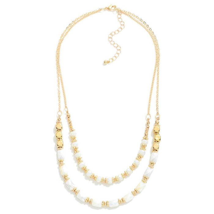 Layered Chain Link Necklace Featuring White Faceted Beads