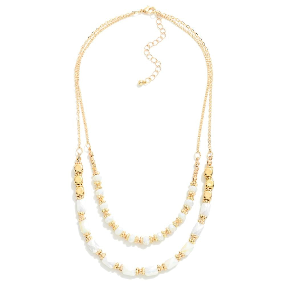 Layered Chain Link Necklace Featuring White Faceted Beads
