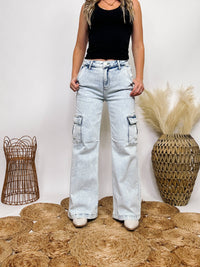 High Rise Light Acid Wash Wide Leg Cargo Jeans  Stretchy Denim Risen Jeans 74% Cotton, 24% Polyester, 2% Spandex 10.5" Rise, 30" Inseam