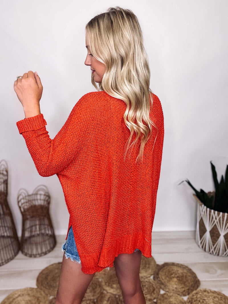 Adora Orange Lightweight Knit Sweater 3/4 Cuffed Sleeves Side slits Relaxed Fit 85% Acrylic, 15% Polyester 