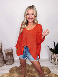 Adora Orange Lightweight Knit Sweater 3/4 Cuffed Sleeves Side slits Relaxed Fit 85% Acrylic, 15% Polyester 