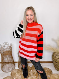 Pink Mixed Stripes Colorblock Knit Sweater Long Sleeves Ribbed Details on Neck, Cuffs and Hem Oversized Fit